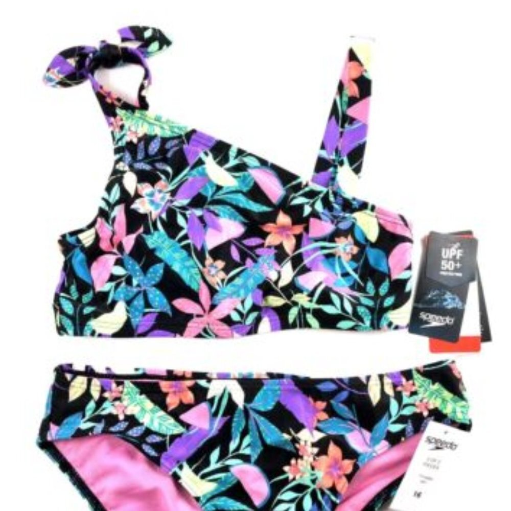 Speedo Girl’s Two Piece Black Floral Bikini Set Size 16